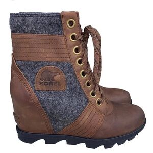 Sorel PDX Lace up Wedge Lexie Wedge Brown Black grey flannel 6 like new